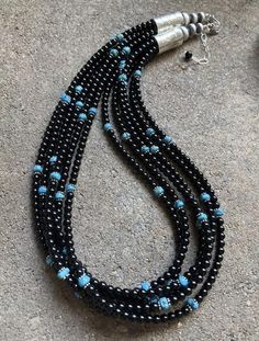 Sterling Silver Multi Strand Black Onyx with Turquoise Bead Necklace. 20 Inch Native American Beadwork Patterns, Sterling Silver Turquoise Earrings, Silver Turquoise Earrings, Diy Jewelry Unique, Turquoise Bead Necklaces, Navajo Jewelry, Beaded Statement Necklace, Blue Necklace, Multi Strand Necklace