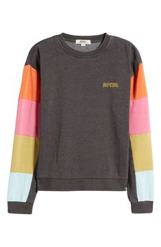 Colorful stripes race down the sides of this cozy crewneck sweatshirt that makes the perfect addition to your off-duty wardrobe. Crewneck Ribbed cuffs and hem Dropped shoulders 100% cotton Machine wash, line dry Imported Fleece Sweatshirt, Rip Curl, Off Duty, Crewneck Sweatshirt, Surfing, Crew Neck Sweatshirt, Stripes, Nordstrom, Crew Neck