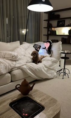 a dog laying on top of a white couch in a living room next to a lamp