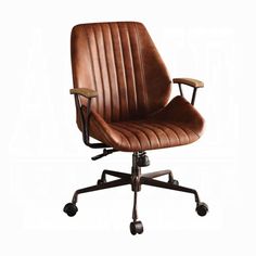 a brown leather office chair with casteors and wheels on an isolated white background,