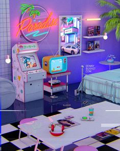 a room filled with furniture and decor in front of a neon sign on the wall