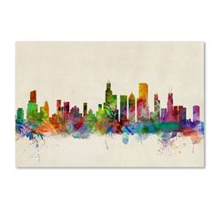 a colorful city skyline is shown on a white background