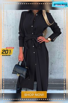 Casual Plain Shirt Dress Chic Long Sleeve Button Maxi Dress, Long Sleeve Belted Shirt Dress For Date Night, Chic Long Sleeve Maxi Dress With Buttons, Chic Long Sleeve Maxi Dress With Button Closure, Trendy Long Sleeve Shirt Dress For Date Night, Long Sleeve Belted Shirt Dress For Party, Casual Long Sleeve Maxi Dress For Date Night, Black Long Sleeve Office Maxi Dress, Chic Long Shirt Dress For Workwear