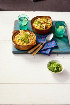 two bowls of soup on a blue tray with spoons and glasses next to it