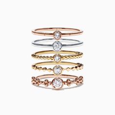 Effy Trio 14K Tri Color Gold Diamond 5 Stack Ring, 0.61 TCW Bezel Jewelry, Stack Ring, Stacking Rings, Tri Color, Gold Diamond, Enamel Pins, Ring, Gold, Color