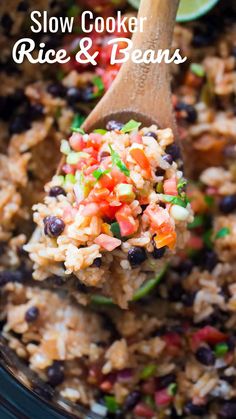 slow cooker rice and beans with wooden spoon