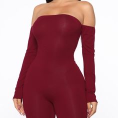 Take The Weight Off Your Shoulders. One Of Our Most Versatile Jumpsuits, The Soothe Off Shoulder Jumpsuit Features A Skinny Fit, Off-The-Shoulder Long Sleeves And A Stretch That Will Have You Working And Twerking Down The Boulevard. Available In Burgundy Off The Shoulder Jumpsuit Long Sleeve Skinny Leg 96% Rayon 4% Spandex Imported Casual Purple Jumpsuits And Rompers For Night Out, Fitted Purple Jumpsuits And Rompers For Night Out, Purple Stretch Jumpsuits And Rompers For Loungewear, Fitted Purple Jumpsuits And Rompers For Loungewear, Fitted Purple Bodysuit For Loungewear, Purple Long Sleeve Jumpsuit For Night Out, Purple Jumpsuits And Rompers For Loungewear, White Sleeveless Jumpsuit, Boutique Pants