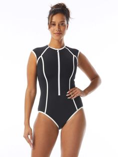 Supportive and sleek, with two in one styling options, the Beach House Sport Endurance Zip Front One Piece Swimsuit has you covered for all your water workouts. In solid colors with white piping paired with a zip front, separate sport bikini top, stay put cups and adjustable straps, this classic one piece is anything but boring.    Zip Front One Piece Separate Sport Bikini Top Stay Put Cups Adjustable Straps for Comfort 4 Way Stretch Soft Touch Comfort Fabric 50+ UPF Swimsuit Fabric: AquaTek 50+ Sporty Black Swimwear With Contrast Trim, Black Sporty Swimwear With Contrast Trim, Sporty Fitted Swimwear With Contrast Trim, Sporty Swimwear With Contrast Trim For Poolside, Sporty Fitted Swimwear With Zipper Closure, Sporty Stretch Swimwear With Zipper Closure, Sporty Zipper-closure Swimwear For Poolside, Water Workouts, Bra Alternatives