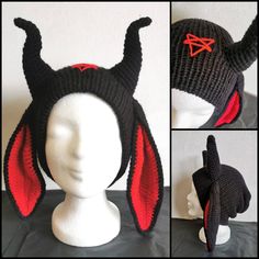 three pictures of a knitted hat with horns and ears