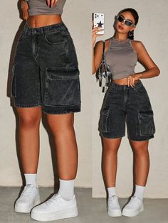 Cute Cargo Shorts Outfit, Houston Fashion Outfits, Woman’s Street Wear, Denim Wear Women, Long Jean Shorts Outfit Black Women, Hot Styles Outfits, Girlie Tomboy Style, Uni Outfits Black Women, Summer Clothes Black Women