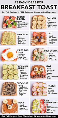 an image of breakfast toasts with the words, 12 easy ideas for breakfast toast