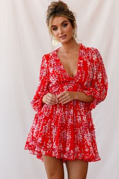 Shop the Laney Cutout Back Ruffle Detail Floral Dress Red | Selfie Leslie Feminine Lookbook, Famous Fashion Designers, Mini Ruffle Dress, Sonam Bajwa, Red Selfie, Fashion Designers Famous, Selfie Leslie, Under The Skirt, Moscato