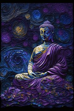 a painting of a buddha sitting on top of a purple and blue cloud filled sky