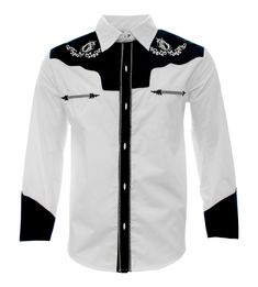 Cowboy Shirt Western Wear Camisa Charra El General New With Tags Color White-Black 65% Polyester 35% Cotton Embroidered(Bordada) Long Sleeve Made in Mexico Black Embroidered Long Sleeve Shirt, Fitted Embroidered Button-up Shirt, Embroidered Black Collared Shirt, Black Embroidered Collared Shirt, White Long Sleeve Western Top, Western Black Button-up Shirt, Embroidered Button-up Western Tops, Black Western Button-up Shirt, Western Style Embroidered Button-up Top