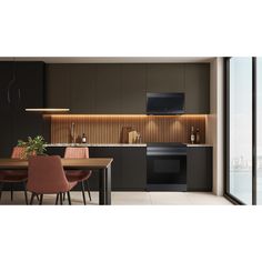 an image of a modern kitchen setting with black appliances and wood accents on the walls