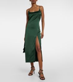 La Robe Notte satin slip dress in green - Jacquemus | Mytheresa Jacquemus Dress, Green Slip Dress, Yellow Midi Dress, Viscose Dress, Midi Cocktail Dress, Satin Midi Dress, Green Midi Dress, Satin Slip, Satin Slip Dress