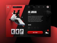 the website for air jordan is displayed on a red and black background