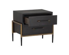 a black and gold nightstand with two drawers on one side, an open drawer in the other