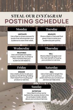 a poster with the words, steal our my / ygram posting schedule on it