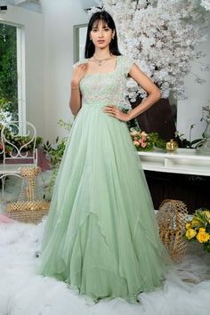 Shop for Varun Chakkilam Green Silk Organza Layered Asymmetric Gown for Women Online at Aza Fashions Varun Chakkilam, Asymmetric Gown, Bead Embellishment, Gown For Women, Green Gown, Organza Dress, Ladies Gown, Pistachio Green, Gowns Online