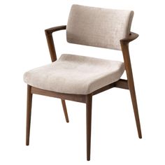 an upholstered chair with a wooden frame and fabric seat padding, viewed from the front