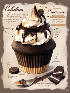 an illustration of a chocolate cupcake with white frosting and oreo cookies