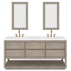 a bathroom vanity with two mirrors above it and a double sink on the opposite side