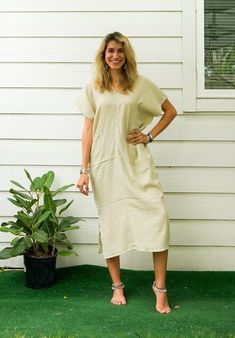 "* Bohemian Style Dress  * One Size Fits Most (US Women's S-2XL) * Organic Double Gauzed Muslin Cotton * 2 Side Pockets * Bust up to 50\" * Length with Hem 46\" * Suitable for any occation * Great gift for yourself or your loved ones" Comfortable V-neck Relaxed Fit Dress, Beige Short Sleeve Dress For Loungewear, Comfortable Relaxed Fit Dress With Short Sleeves, Relaxed Fit V-neck Comfortable Dress, Beige Cotton Maxi Dress With Short Sleeves, Comfortable Relaxed Fit V-neck Dress, Comfortable V-neck Dress With Relaxed Fit, Beige Relaxed Fit Cotton Maxi Dress, Casual Cream Short Sleeve Maxi Dress