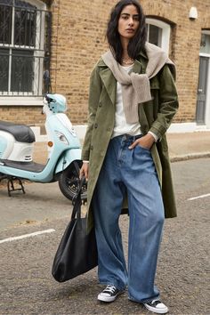 Recycled Buttons, Big Knits, Green Coat, Wide Leg Jeans, M S, Cotton Twill, Leg Jeans, Double Breasted, What To Wear