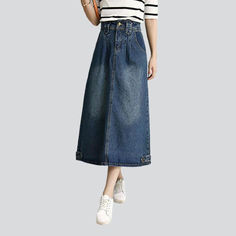 Step into the world of vintage chic with our 2023 Spring-Summer Women's Long Denim Skirt! This 90s-inspired piece is the perfect expression of nostalgia. elegance. and style. Transform your wardrobe with a blast from the past!Why It's Your Summer EssentialDesigned for the bold and audacious trendsetter. this denim skirt is ready to take your style to the next level. With its distinctive mid wash. A-line cut. high-waist fit. and zipper & button closure. you're sure to make a statement!Key Highlig Vintage Wide-leg Denim Skirt, Retro High-waist Denim Skirt, Vintage Long Denim Skirt For Spring, Vintage Long Denim Skirt For Summer, Retro High Rise Denim Skirt For Spring, Vintage Denim Skirt With Pockets For Spring, Vintage High Rise Skirt, Retro Dark Wash Summer Skirt, Retro Denim Blue Skirt For Spring