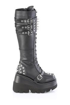 4 1/2" Wedge Platform Lace-Up Knee High Boot, Inside Zipper - Fit Guide: Women's US Size Shown - Heel: 4 1/2" Wedge Platform - Brand: Demonia - Country of Origin: Imported