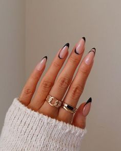 Black French Nails, Oval Nails, Prom Nails, Nail Arts, Cute Acrylic Nails, French Manicure, Black Nails