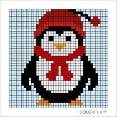 a penguin with a red hat and scarf on it's head is shown in the cross stitch pattern