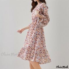 Olivia Mark - Explorer Long Sleeve Floral Dress: Fashionable Mandarin Collar Cheongsam Snow Chiffon Maxi Dress Feminine Chiffon Floral Dress For Beach, Casual Chiffon Dress For Spring, Casual Long Sleeve Chiffon Dress, Feminine Floral Chiffon Dress For Vacation, Feminine Chiffon Floral Dress For Vacation, Casual Chiffon Floral Dress For Spring, Beige Floral Print Chiffon Dress, Casual Floral Print Chiffon Dress For Spring, Feminine Long Sleeve Chiffon Dress For Vacation