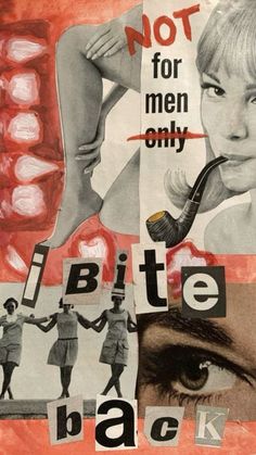 collage with images of women and men in different colors, including the words bite back