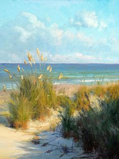 an oil painting of the beach and grass