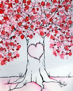 a drawing of a tree with red leaves and a heart on it's trunk