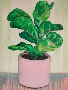 a painting of a green plant in a pink pot