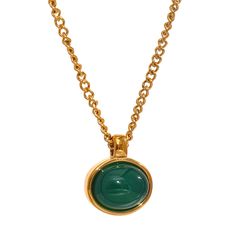 The Green Agate Tiger Stone Oval Pendant Stainless Steel Gold Necklace features a stunning blend of stone and metal. Its link chain and pendant design exude elegance and modernity. The necklace's PVD real gold plating adds a touch of luxury, while the Tiger Stone and Green Agate stones evoke feelings of strength and vitality. This necklace is truly a must-have for any fashion-forward individual. Luxury Agate Necklace With Large Pendant, Chain Collar, Natural Gemstone Necklace, Agate Pendant Necklace, Stone Pendant Necklace, Green Agate, Gold Plated Bracelets, Gemstone Necklace Pendant, Oval Pendant