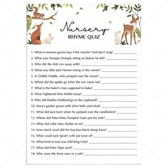 a printable nursery quiz with animals on it