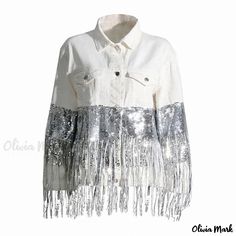 Olivia Mark - Stylish Collared Long Sleeve Denim Jacket with Sequin Fringe and Button Front Design Fringe Denim Jacket, Iconic Y2k, Embellished Denim Jacket, Long Sleeve Denim Jacket, Wardrobe Refresh, Jean Jacket Women, Denim Patterns, Embellished Denim, Heavy Embroidery