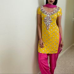 New! Comes With Three Pieces: Salwar (Pants), Kameez (Long Shirt), And Dupatta/Chunni (Scarf). Model: @Muneezy4 Size: Small Measurements: Shirt: 17” Pit To Pit, 36” Length Pants: 42” Length Use The “Buy Now” Or “Add To Bundle” Button To Purchase Yellow Palazzo Set For Diwali, Yellow Sharara With Straight Kurta, Yellow Resham Embroidery Sets, Yellow Palazzo Set With Straight Kurta And Pallu, Yellow Kurta With Mirror Work For Navratri, Yellow Palazzo Set With Mirror Work For Eid, Yellow Traditional Wear Straight Kurta With Mirror Work, Yellow Traditional Wear With Mirror Work Straight Kurta, Yellow Palazzo Set With Dabka For Navratri