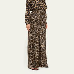 Max Mara "Ghinea" wide-leg trousers in an allover leopard print  Mid-rise; sits high on hip Elastic waist  Side slip pockets  Full length Relaxed fit  Silk Made in Italy Leopard Print Wide Leg Bottoms With Relaxed Fit, Workwear Wide Leg Leopard Print Bottoms, Chic Leopard Print Workwear Bottoms, Wide Leg Leopard Print Bottoms For Work, Leopard Print Wide Leg Bottoms For Work, Chic Leopard Print Pants For Work, Chic Leopard Print Trousers, Leopard Print Wide Leg Pants, Fall Leopard Print Bottoms With Elastic Waistband