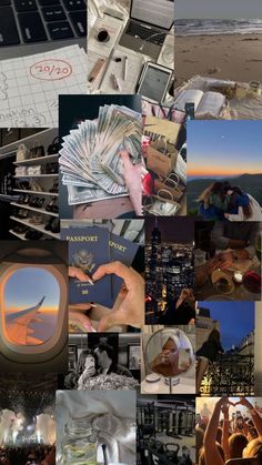 a collage of photos with people holding passport and other things in their hands on the beach