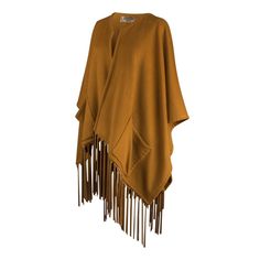 Guaranteed authentic rare Hermes unique vintage shawl/poncho with a dramatic leather fringe. Striking warm gold cashmere and wool large poncho styled shawl. Rich with long, lush leather fringes. The leather is supple, soft and fabulous in the matching color to the cashmere.Two pockets. Utterly amazing piece to live in. Fabric is cashmere and wool.Listing is for the shawl only - Belt not included.LIKE NEWBuy vintage Hermes online at mightychic for superior service and a seamless shopping experien Winter Fringe Cape Shawl, Fringe Shawl Cape For Fall, Fall Shawl Cape With Fringe, Fringed Cape Poncho For Fall, Fall Fringe Cape Poncho, Fringe Cape Poncho For Fall, Fringe Poncho Cape For Fall, Brown Fringed Poncho For Fall, Brown Fringe Poncho For Fall