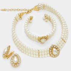 3 Pcs Teardrop Pearl Wedding Pageant Prom Formal Necklace Earrings Jewelry Set Style No : [297450] Color : Cream, Gold Theme : Pearl Necklace : 11" + 3" L Decor : 1" L Bracelet : 1" H / Cuff Earrings : 1" L / Clip On 3-Pieces Jewelry Set 3-Pcs Teardrop Pearl Necklace Jewelry Set Wire Choker Necklace, Bracelet Clip, Formal Necklace, Pearl Necklace Set, Crystal Choker Necklace, Pearl Jewelry Sets, Pearl Jewelry Necklace, Choker Necklace Set, Pearl Choker Necklace