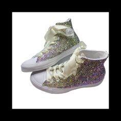 Welcome, Crystal Ab Iridescent Diamonds Converse, Strong And Permanent Design With Luxe Crystals And Additional Ribbons Laces, Hightop Converse New With Box Comes With Ribbon Laces And Original Laces Women’s Sizes In Usa Sizing Choose Any Colour(S) Stones From The Chart Add To Bundle To Discuss Colour Changes Or Mixes Will Be Sent With Beige Ribbon Laces Unless Any Changes Are Made Text Can Be Added Style Pictured; White Monochrome High Top Converse Styles Available; Add To Bundle Or Send A Mess Spring White Glitter Sneakers, White Sneakers For Party With Round Toe, White Round Toe Party Sneakers, White Round Toe Sneakers For Party, White Party Sneakers With Rhinestones, White Rhinestone Party Sneakers, Casual White Sneakers For Party, Casual White Party Sneakers, Converse Sneakers With Rhinestones And Round Toe