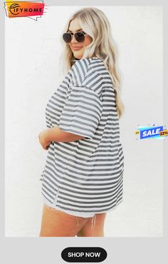 Plus Size Striped Short Sleeve Henley Tee Oversized Gray Summer Top, Oversized Gray Tops For Summer, Casual Striped Tops For Day Out, Gray Short Sleeve Cotton Blouse, Gray Cotton Short Sleeve Blouse, Striped Relaxed Fit Tops For Day Out, Relaxed Fit Striped Tops For Day Out, Striped Oversized Top For Day Out, Striped Crew Neck Top For Day Out