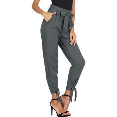 These Women High Waist Casual Pencil Pants With Bow-Knot Pockets For Work are the perfect addition to any professional wardrobe. The high waist design provides a flattering and slimming look, while the bow-knot pockets add a touch of elegance and femininity. Made from a comfortable and stretchy fabric, these pants are perfect for all-day wear at work. Specifications: Fabric material: 95% Polyester, 5% Spandex Pattern Type: Solid Pant Style: Pencil Pants Material: Cotton, Polyester Fit Type: Regu Trendy Tie Waist Workwear Bottoms, Trendy Workwear Bottoms With Tie Waist, Office Lady Pants With Pockets, Solid Color Paperbag Waist Pants For Work, Solid Color Paperbag Waist Workwear Bottoms, High Waist Bottoms For Office In Fall, Trendy Paperbag Waist Bottoms For Work, Solid Color Paperbag Waist Bottoms For Work, Paperbag Waist Office Bottoms For Fall