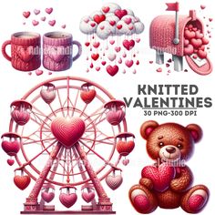 valentine's day clipart set with teddy bear, ferris wheel and heart balloons